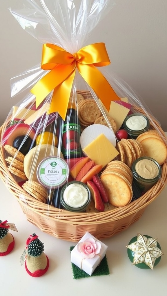 A gourmet appetizer gift basket filled with cheeses, crackers, fruits, and dips, presented as a thoughtful gift.
